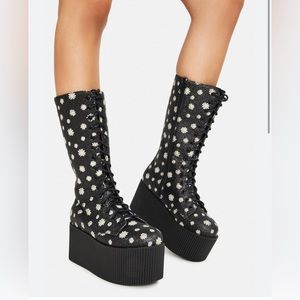 YRU Black Glitter Daisy Platform Calf Boots - US Size 7